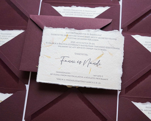 EM70 - Merített papíros minimalista esküvői meghívó, tépett szélekkel-esküvői meghívó-Erdélyi Esküvői Meghívók-bézs,egyedi,lila,minimalista,sárga,virág-Erdélyi Esküvői Meghívók
