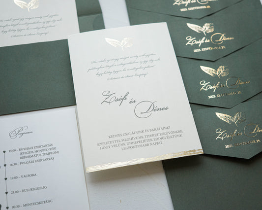 9255 - Greenery Esküvői meghívó-esküvői meghívó-Erdélyi Esküvői Meghívók-arany,elegans,greenery,zöld-Erdélyi Esküvői Meghívók