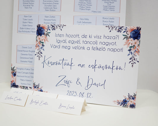 KT04 - Kék virágos köszöntő tábla-Köszöntő tábla-Erdélyi Esküvői Meghívók-kék,rozsa,virág-Erdélyi Esküvői Meghívók