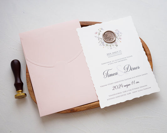 9322 - Virágos esküvői meghívó-esküvői meghívó-Erdélyi Esküvői Meghívók-barack,pecsét,Valami Más!,virág-Erdélyi Esküvői Meghívók