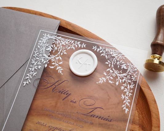 9368 - Plexi esküvői meghívó-esküvői meghívó-Erdélyi Esküvői Meghívók-barokk minta,elegáns,ezüst,fehér,plexi,premium-Erdélyi Esküvői Meghívók