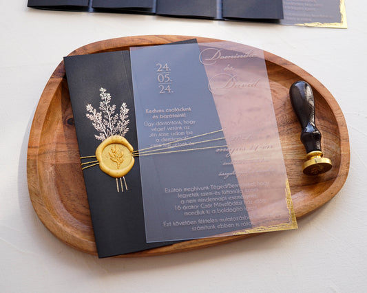 9278 - Plexi esküvői meghívó-esküvői meghívó-Erdélyi Esküvői Meghívók-arany,elegáns,fekete,plexi,Valami Más!-Erdélyi Esküvői Meghívók