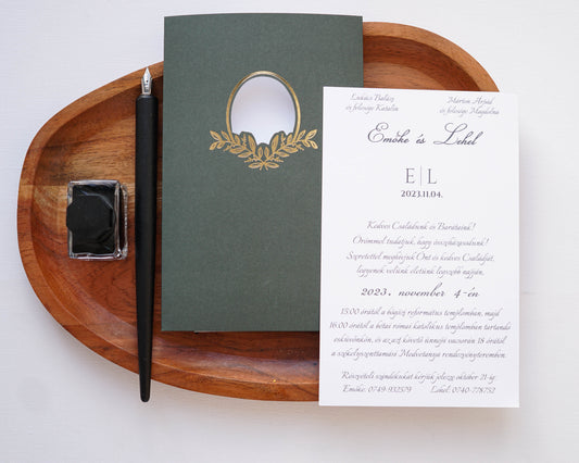 9163 - Elegáns Esküvői Meghívó-esküvői meghívó-Erdélyi Esküvői Meghívók-arany,dombornyomott,elegans,tokos,zöld-Erdélyi Esküvői Meghívók