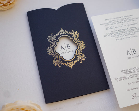 9162 - Elegáns Esküvői Meghívó-esküvői meghívó-Erdélyi Esküvői Meghívók-arany,barokk minta,dombornyomott,elegans,kék-Erdélyi Esküvői Meghívók