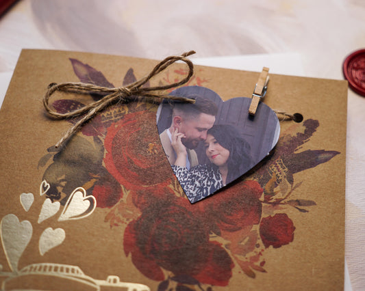 39825 - Fényképes Esküvői Meghívó-esküvői meghívó-Erdélyi Esküvői Meghívók-arany,barna,dombornyomott,fényképes,vintage,virág-Erdélyi Esküvői Meghívók