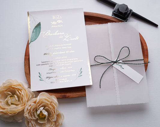 9206 - Greenery Esküvői Meghívó-esküvői meghívó-Erdélyi Esküvői Meghívók-arany,greenery,masni,Tavasz,Virag-Erdélyi Esküvői Meghívók