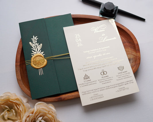 9279 - Greenery Esküvői meghívó-esküvői meghívó-Erdélyi Esküvői Meghívók-arany,elegáns,greenery,Valami Más!,zöld-Erdélyi Esküvői Meghívók