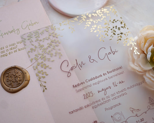 9214 - Plexi esküvői meghívó álló púder rózsaszín borítékkal-esküvői meghívó-Erdélyi Esküvői Meghívók-arany,elegáns,greenery,level,plexi,premium,rózsaszín-Erdélyi Esküvői Meghívók