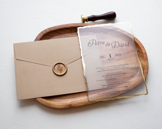 9261 választható borítékkal - Plexi esküvői meghívó-esküvői meghívó-Erdélyi Esküvői Meghívók-arany,elegáns,plexi,premium-Erdélyi Esküvői Meghívók