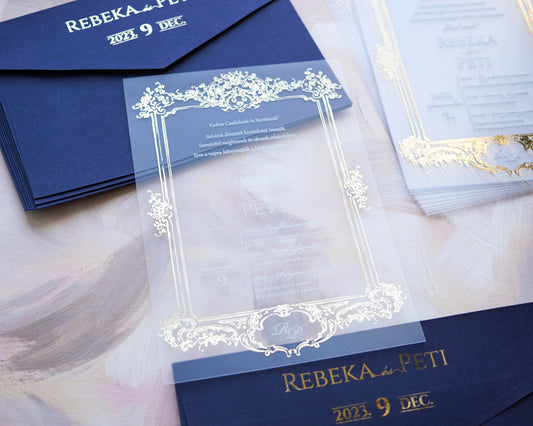 9367 - Plexi esküvői meghívó-esküvői meghívó-Erdélyi Esküvői Meghívók-arany,barokk minta,elegáns,kék,plexi,premium-Erdélyi Esküvői Meghívók