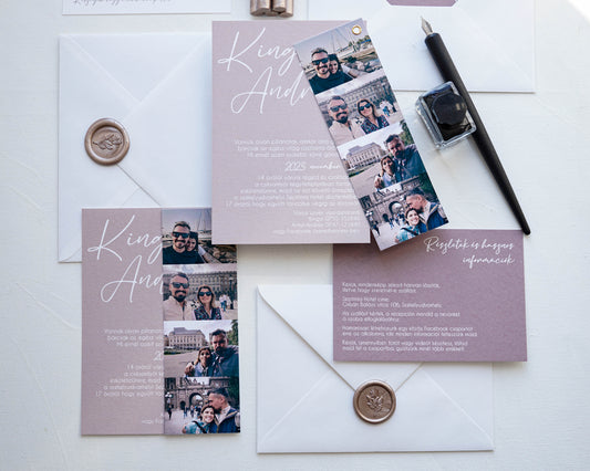 EM57 - Fényképes minimalista esküvői meghívó-esküvői meghívó-Erdélyi Esküvői Meghívók-bézs,egyedi,fényképes,minimalista,pezsgő-Erdélyi Esküvői Meghívók