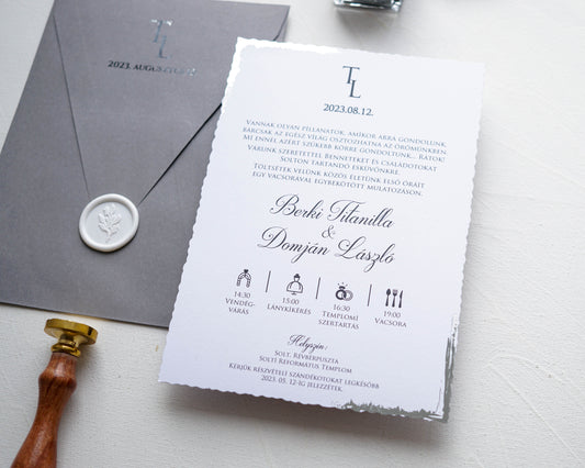 9194 - Elegáns ezüst szegélyes Esküvői Meghívó-esküvői meghívó-Erdélyi Esküvői Meghívók-elegáns,ezust,pecsét,szürke,viaszpecsét-Erdélyi Esküvői Meghívók