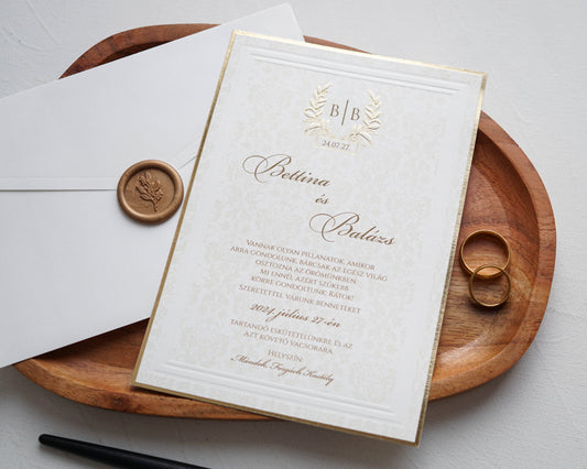 9264 - Elegáns Esküvői Meghívó-esküvői meghívó-Erdélyi Esküvői Meghívók-arany,barokk minta,dombornyomott,elegans,krem-Erdélyi Esküvői Meghívók