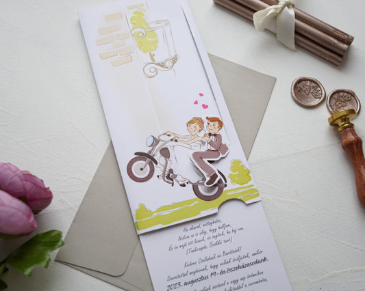 39132 - motoros esküvői meghívó-esküvői meghívó-Erdélyi Esküvői Meghívók-biciklis,rajz,vicces,zöld-Erdélyi Esküvői Meghívók
