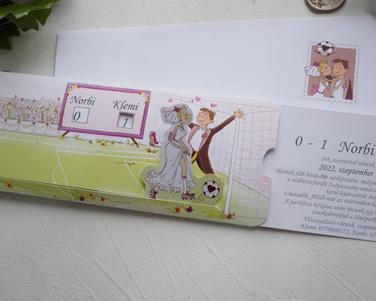 32803 - Focis Esküvői Meghívó-esküvői meghívó-Esküvői Meghívók-comic,rajz,sport,vicces,zöld-Erdélyi Esküvői Meghívók