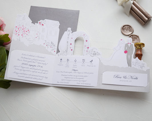 39238 - Humoros Esküvői Meghívó-esküvői meghívó-Esküvői Meghívók-ezüst,rajz,Valami Más!,vicces-Erdélyi Esküvői Meghívók