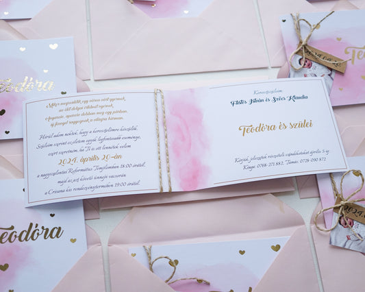 KE01 - Egyedi arany fóliázott keresztelő meghívó fényképpel-Keresztelő-Erdélyi Esküvői Meghívók-arany,egyedi,keresztelő,kislány-Erdélyi Esküvői Meghívók