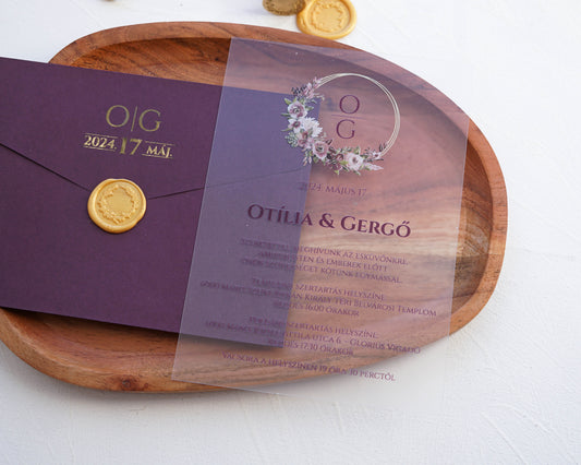 9267 - Plexi esküvői meghívó-esküvői meghívó-Erdélyi Esküvői Meghívók-arany,elegáns,lila,plexi,premium,virág-Erdélyi Esküvői Meghívók