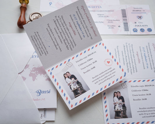 EM58 - Útleveles esküvői meghívó-esküvői meghívó-Erdélyi Esküvői Meghívók-bézs,egyedi,fényképes,pezsgő,utazás,vicces-Erdélyi Esküvői Meghívók
