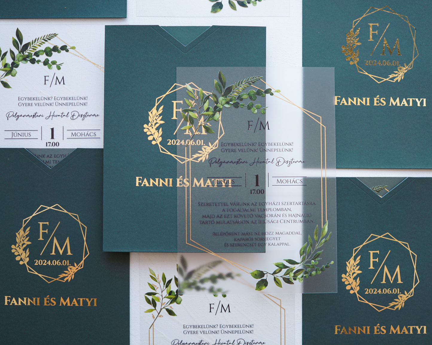 9366 - Plexi esküvői meghívó-esküvői meghívó-Erdélyi Esküvői Meghívók-arany,greenery,plexi-Erdélyi Esküvői Meghívók