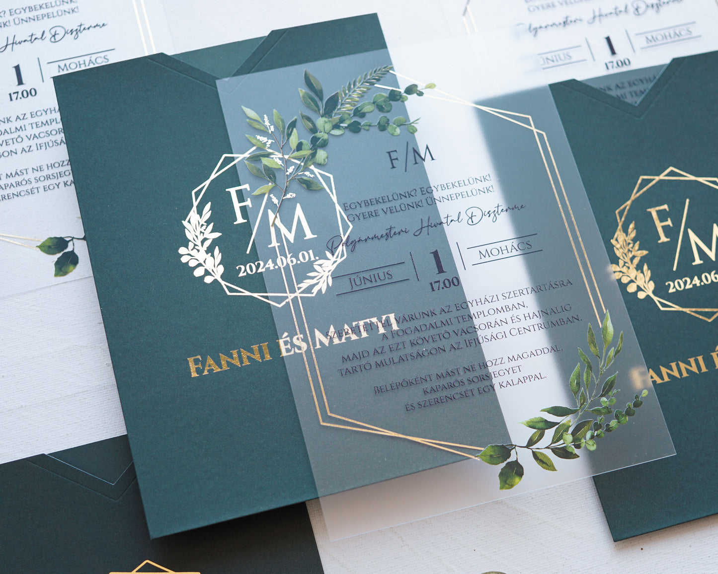 9366 - Plexi esküvői meghívó-esküvői meghívó-Erdélyi Esküvői Meghívók-arany,greenery,plexi-Erdélyi Esküvői Meghívók