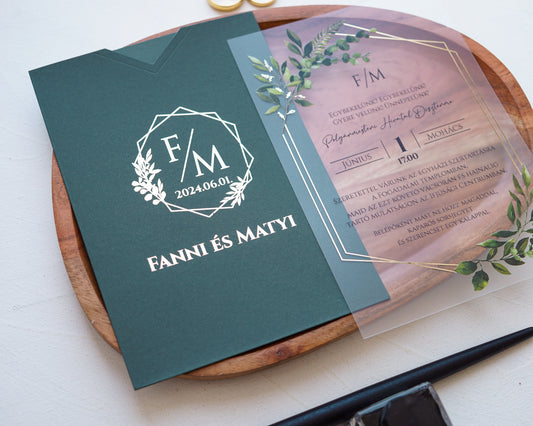 9366 - Plexi esküvői meghívó-esküvői meghívó-Erdélyi Esküvői Meghívók-arany,greenery,plexi-Erdélyi Esküvői Meghívók