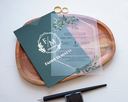 9366 - Plexi esküvői meghívó-esküvői meghívó-Erdélyi Esküvői Meghívók-arany,greenery,plexi-Erdélyi Esküvői Meghívók