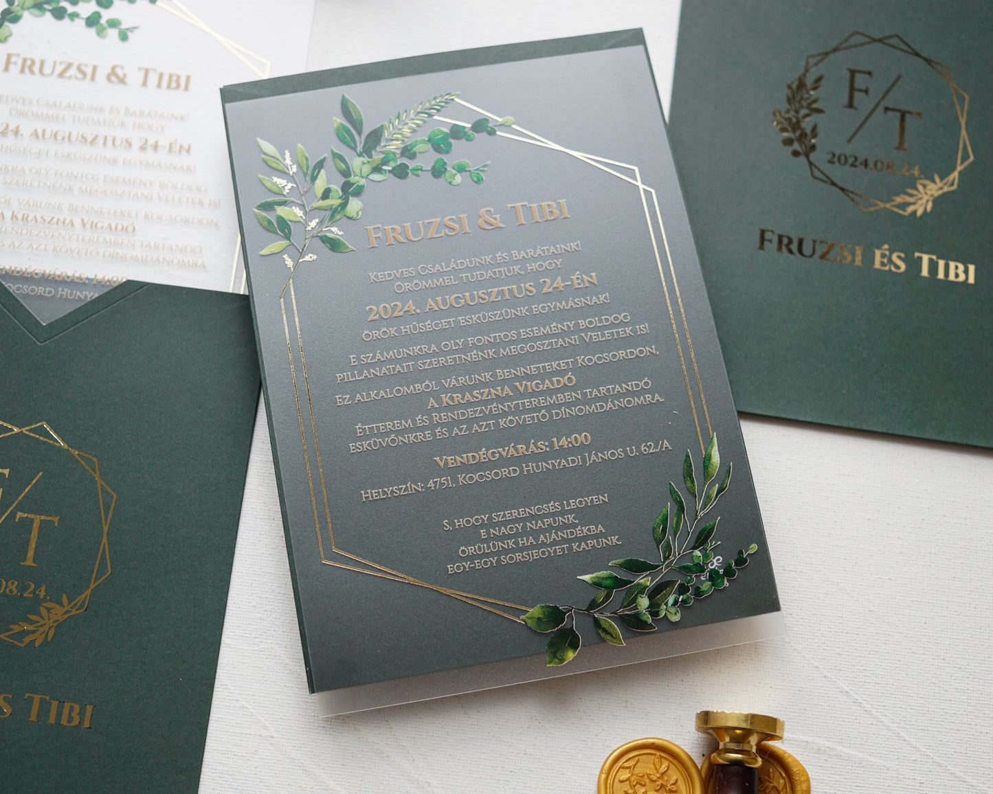 9366 - Plexi esküvői meghívó-esküvői meghívó-Erdélyi Esküvői Meghívók-arany,greenery,plexi-Erdélyi Esküvői Meghívók