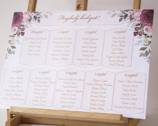 UR30 - Vörös rózsás ültetési rend-Ültetési rend-Erdélyi Esküvői Meghívók-pink,piros,virág-Erdélyi Esküvői Meghívók