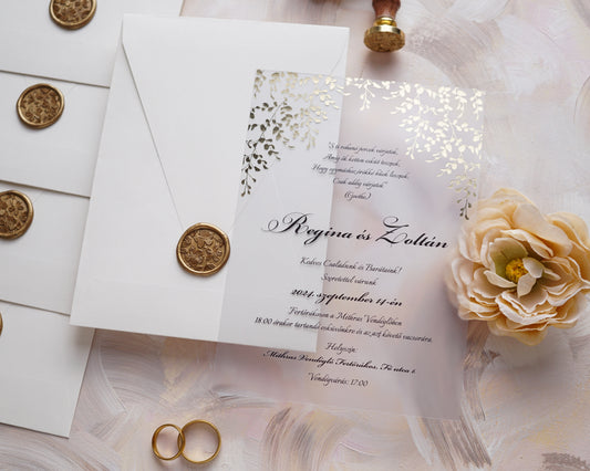 9214 - Plexi esküvői meghívó krém borítékkal-esküvői meghívó-Erdélyi Esküvői Meghívók-arany,elegáns,greenery,level,plexi,premium-Erdélyi Esküvői Meghívók