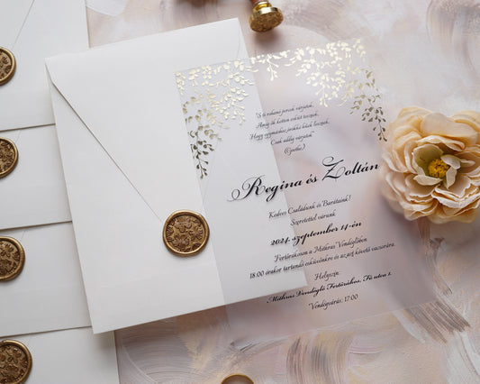 9214 - Plexi esküvői meghívó krém borítékkal-esküvői meghívó-Erdélyi Esküvői Meghívók-arany,elegáns,greenery,level,plexi,premium-Erdélyi Esküvői Meghívók
