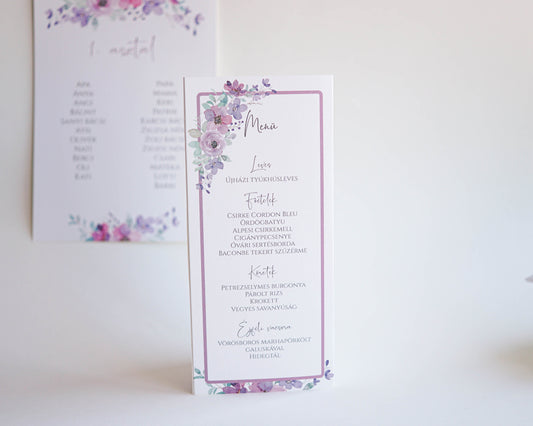 ME22 - Három oldalú esküvői menü - Lila virágos mintával-Menü-Erdélyi Esküvői Meghívók-lila,rozsa-Erdélyi Esküvői Meghívók
