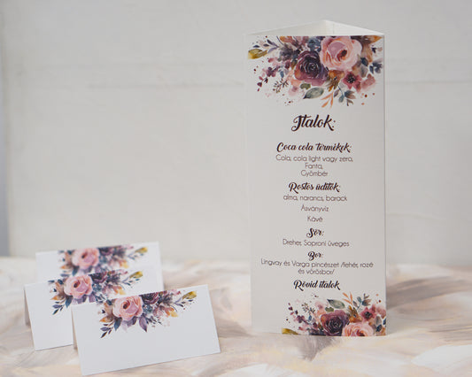 ME45 - Három oldalú esküvői menü - Mályva virágos mintával-Menü-Erdélyi Esküvői Meghívók-39829,lila,rozsa,UR45-Erdélyi Esküvői Meghívók