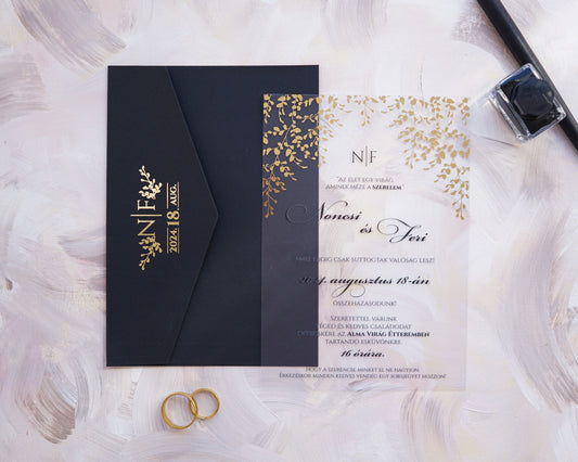 9214 - Plexi esküvői meghívó-esküvői meghívó-Erdélyi Esküvői Meghívók-arany,elegáns,fekete,greenery,level,plexi,premium-Erdélyi Esküvői Meghívók