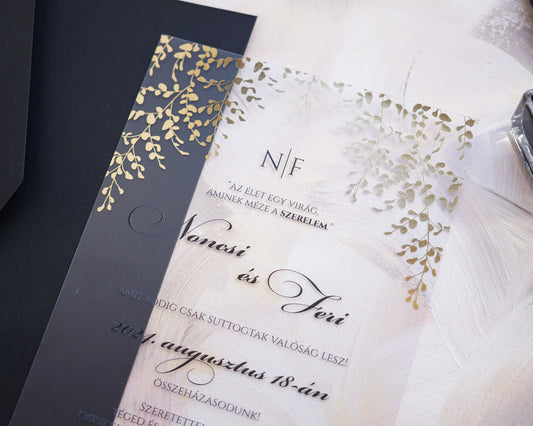 9214 - Plexi esküvői meghívó-esküvői meghívó-Erdélyi Esküvői Meghívók-arany,elegáns,fekete,greenery,level,plexi,premium-Erdélyi Esküvői Meghívók