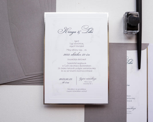 9144 - Elegáns Esküvői Meghívó-esküvői meghívó-Erdélyi Esküvői Meghívók-dombornyomott,elegans,ezust,feher,szurke-Erdélyi Esküvői Meghívók
