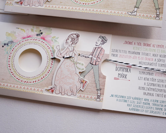 39634 - Humoros Esküvői Meghívó-esküvői meghívó-Erdélyi Esküvői Meghívók-barna,comic,krém,rajz,vicces,virág-Erdélyi Esküvői Meghívók