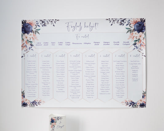 UR28 - Kék virágos ültetési rend-Ültetési rend-Erdélyi Esküvői Meghívók-pink,piros,virág-Erdélyi Esküvői Meghívók