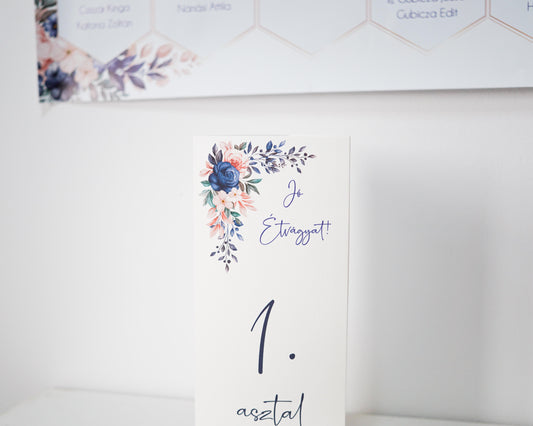 ME06 - Három oldalú esküvői menü - Kék virág mintával-Menü-Erdélyi Esküvői Meghívók-pink,rozsa,rózsaszín-Erdélyi Esküvői Meghívók