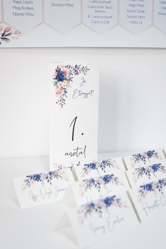 UK06 - Kék virágos ültetőkártya-Ültetőkártya-Erdélyi Esküvői Meghívók-minimalista,ültetőkártya-Erdélyi Esküvői Meghívók