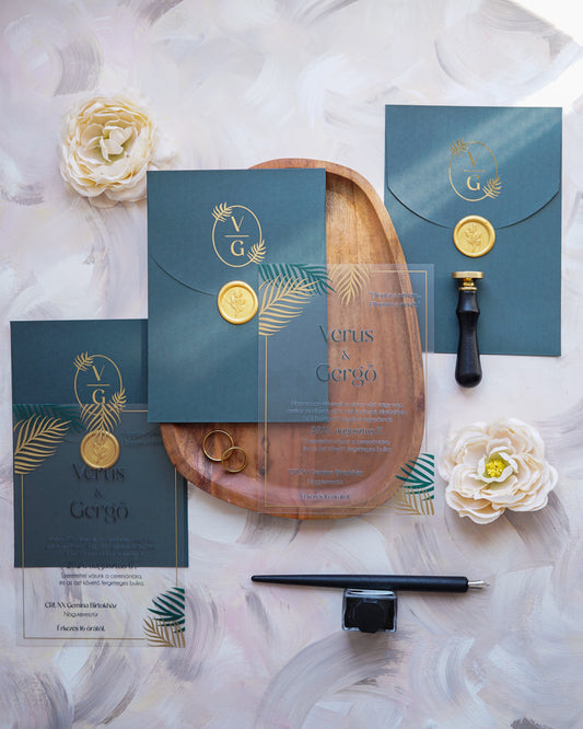 9258 - Plexi esküvői meghívó-esküvői meghívó-Erdélyi Esküvői Meghívók-arany,elegáns,greenery,level,plexi,premium,zöld-Erdélyi Esküvői Meghívók