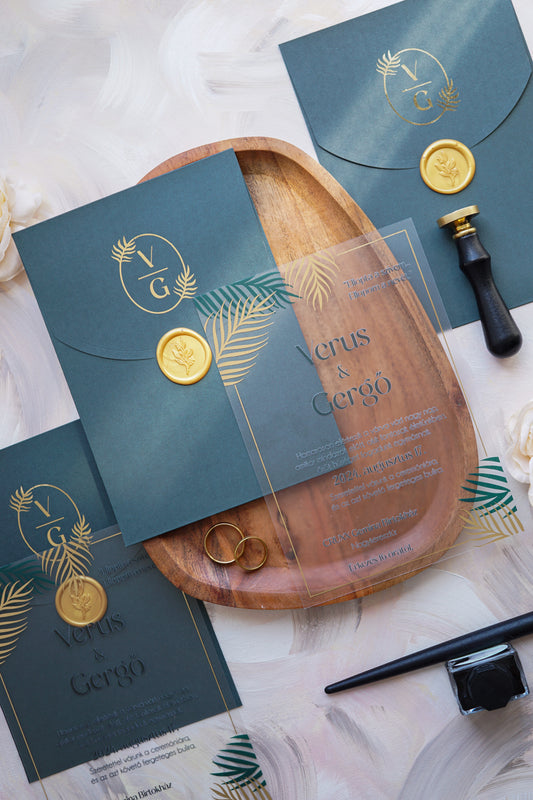 9258 - Plexi esküvői meghívó-esküvői meghívó-Erdélyi Esküvői Meghívók-arany,elegáns,greenery,level,plexi,premium,zöld-Erdélyi Esküvői Meghívók