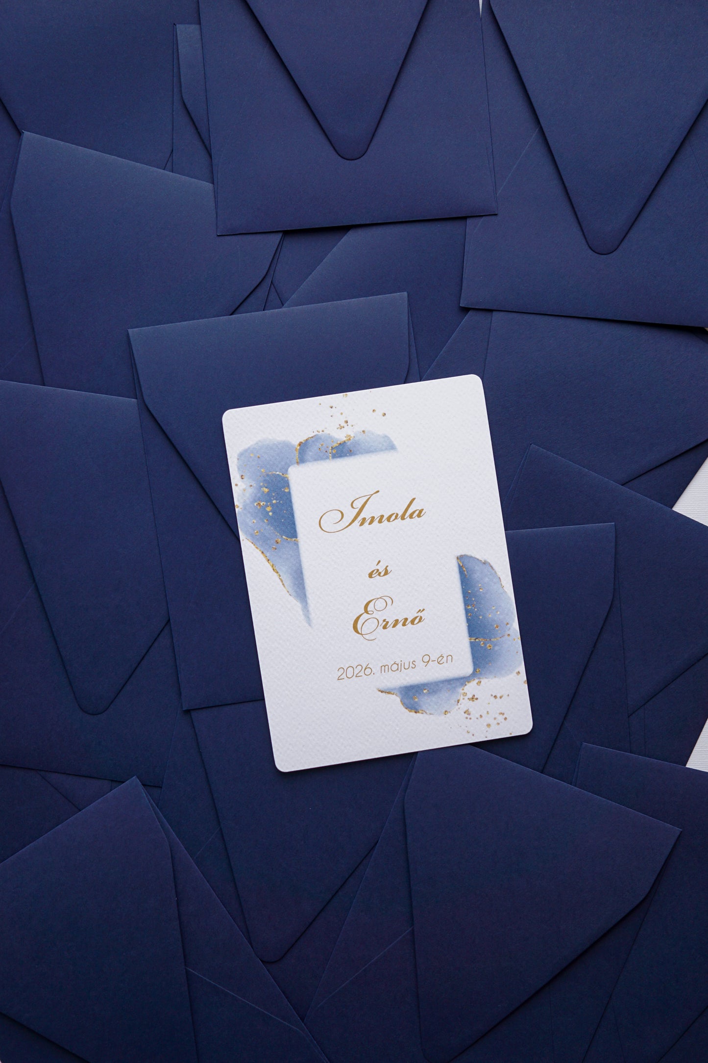 EM16 - Two-sided blue and gold watercolor effect wedding invitation