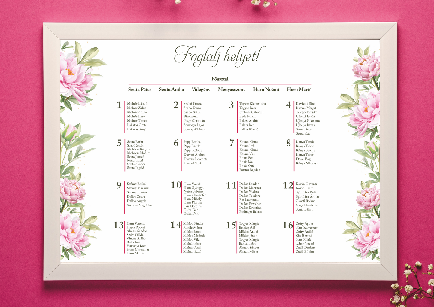 UR36 - Bazsarózsás ültetési rend-Ültetési rend-Erdélyi Esküvői Meghívók-EM46,pink,piros,virág-Erdélyi Esküvői Meghívók