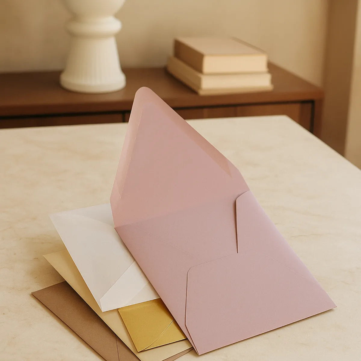Powder pink short-edge opening decorative envelope - i8 - 13.4 x 18.2 cm. - MADE TO ORDER