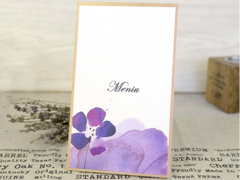 3635-Menü-lila, virág-Erdélyi Esküvői Meghívók