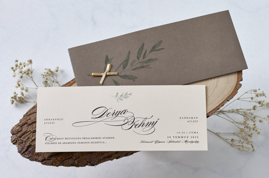 1152-esküvői meghívó-arany, barna, masni, zöld, őszies-Erdélyi Esküvői Meghívók