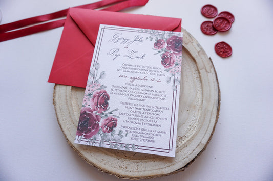Esküvői meghívó EM08 - Egy oldalas Bordó virágmintás esküvői meghívó - Erdélyi Esküvői Meghívók - Wedding invitation EM08 - Egy oldalas Bordó virágmintás esküvői meghívó - invitatii de nunta EM08 - Egy oldalas Bordó virágmintás esküvői meghívó