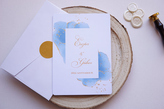 Esküvői meghívó EM16 - Két oldalas kék és arany akvarell hatású esküvői meghívó - Erdélyi Esküvői Meghívók - Wedding invitation EM16 - Két oldalas kék és arany akvarell hatású esküvői meghívó - invitatii de nunta EM16 - Két oldalas kék és arany akvarell hatású esküvői meghívó