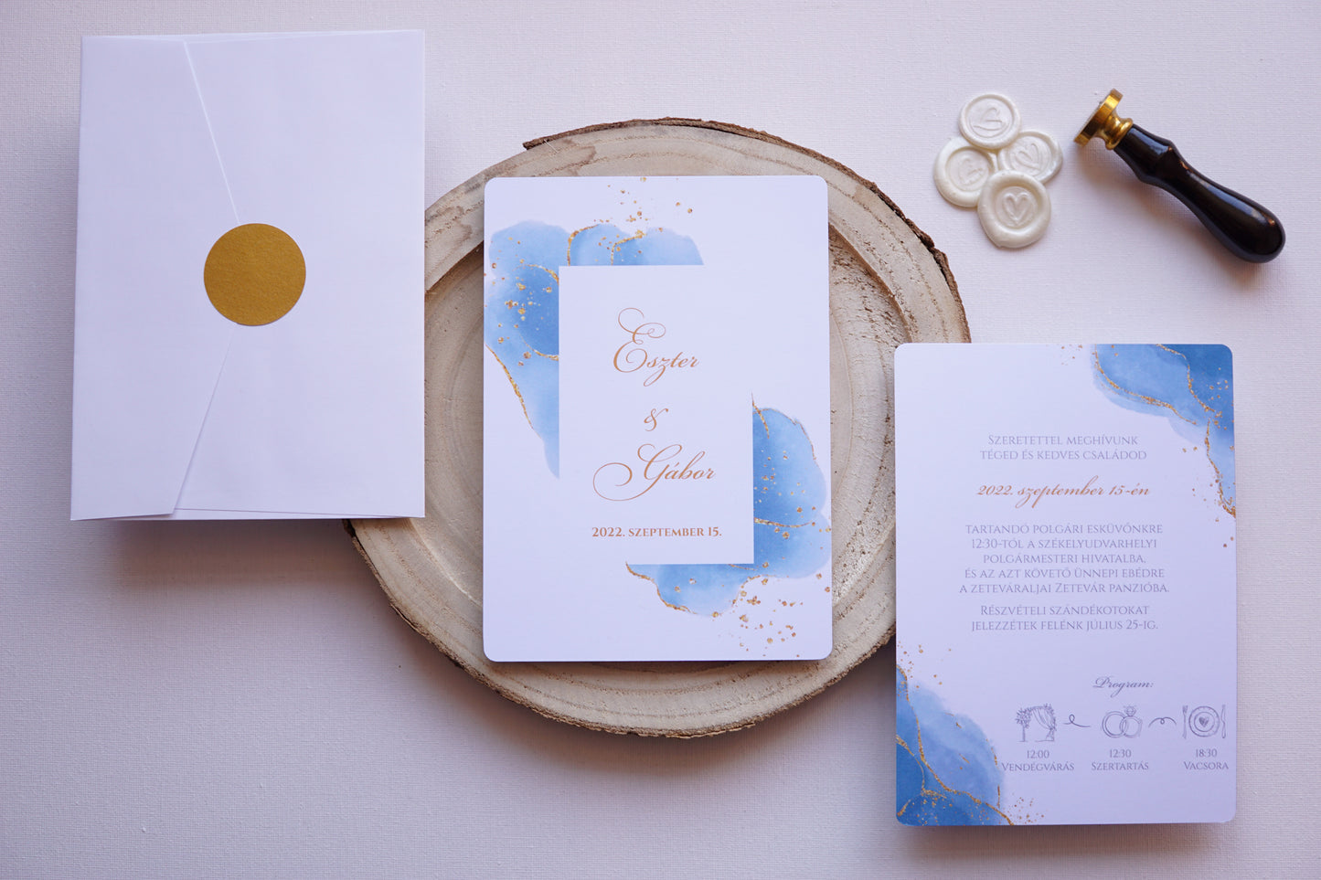 Esküvői meghívó EM16 - Két oldalas kék és arany akvarell hatású esküvői meghívó - Erdélyi Esküvői Meghívók - Wedding invitation EM16 - Két oldalas kék és arany akvarell hatású esküvői meghívó - invitatii de nunta EM16 - Két oldalas kék és arany akvarell hatású esküvői meghívó